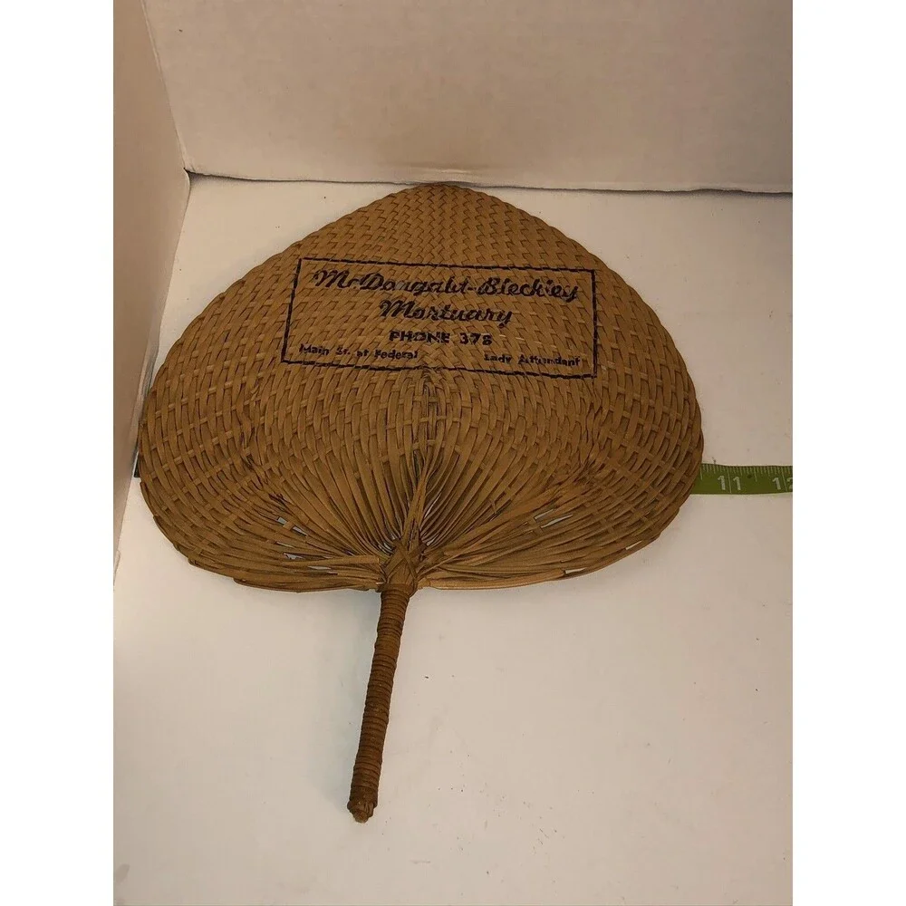 Vintage 20s 30s Wicker Woven Hand Fan McDougald-Bleckley Mortuary ANDERSON SC